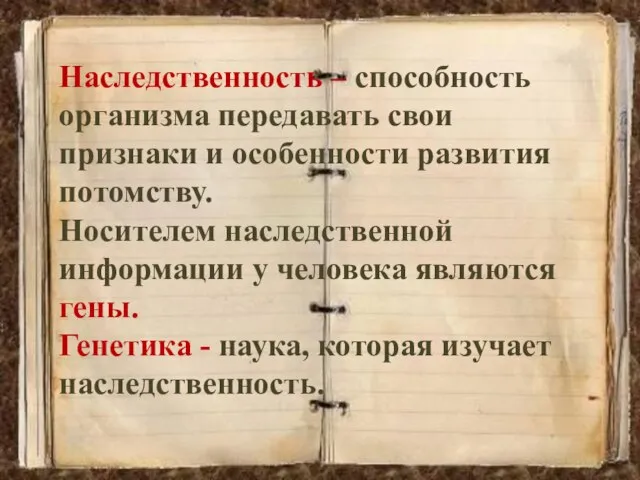 Наследственность – способность организма передавать свои признаки и особенности развития потомству.