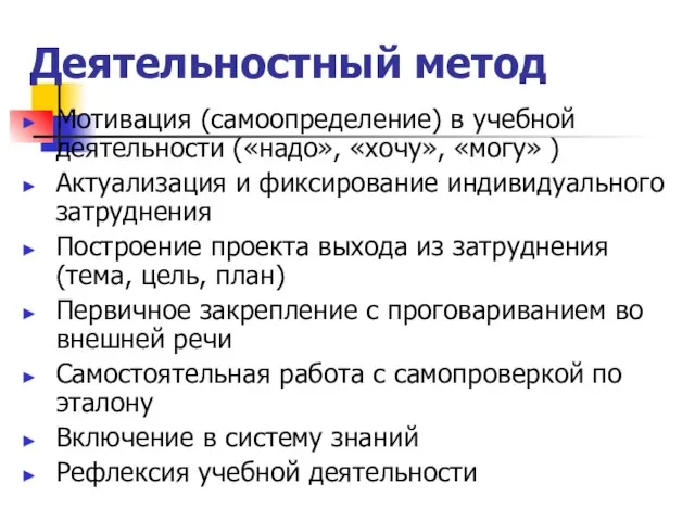 Деятельностный метод Мотивация (самоопределение) в учебной деятельности («надо», «хочу», «могу» )