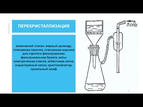 ПЕРЕКРИСТАЛЛИЗАЦИЯ Оборудование: химический стакан; мерный цилиндр; стеклянная палочка; стеклянная воронка для