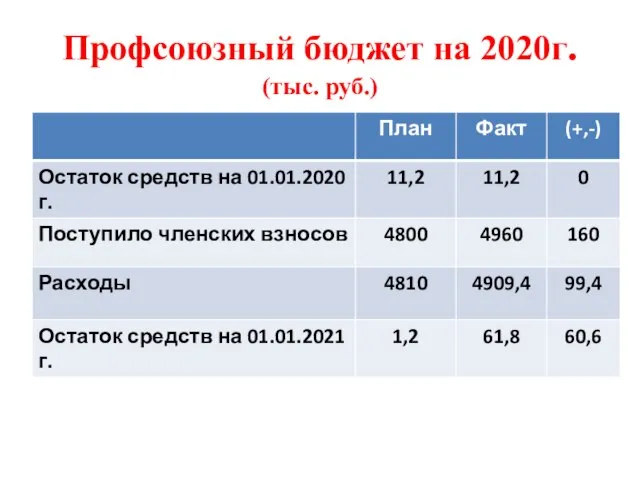 Профсоюзный бюджет на 2020г. (тыс. руб.)