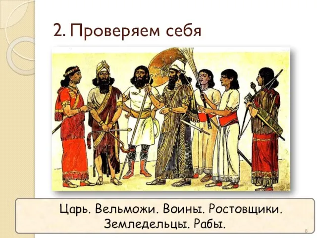 2. Проверяем себя Царь. Вельможи. Воины. Ростовщики. Земледельцы. Рабы.