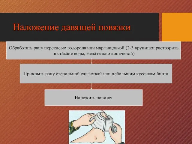 Наложение давящей повязки Обработать рану перекисью водорода или марганцовкой (2-3 крупинки