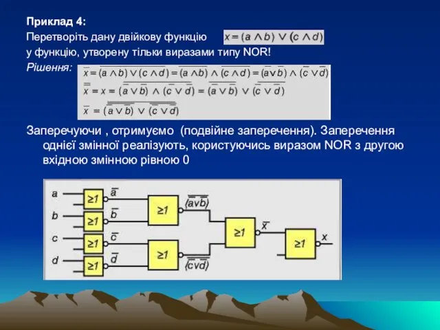 Приклад 4: Перетворіть дану двійкову функцію у функцію, утворену тільки виразами