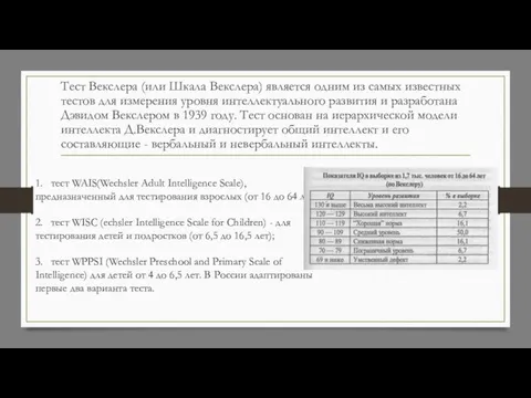 1. тест WAIS(Wechsler Adult Intelligence Scale), предназначенный для тестирования взрослых (от