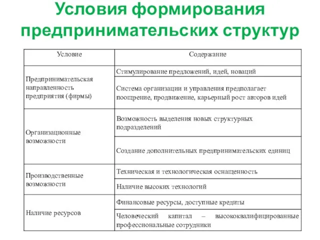 Условия формирования предпринимательских структур