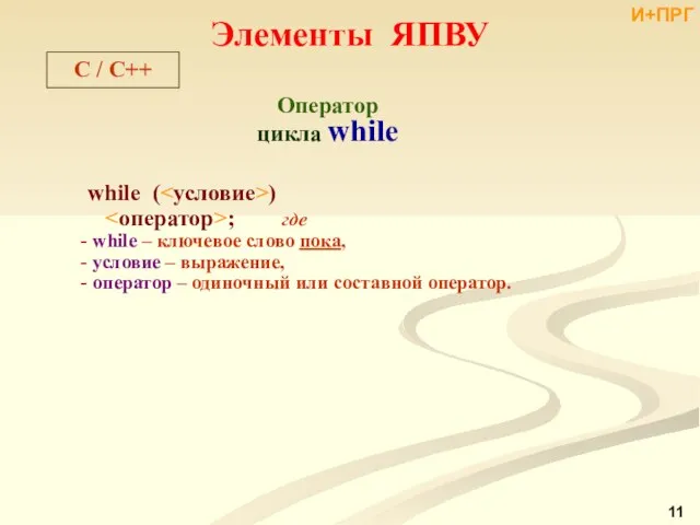 Элементы ЯПВУ C / С++ Оператор цикла while while ( )