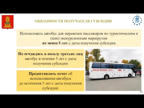 ОБЯЗАННОСТИ ПОЛУЧАТЕЛЯ СУБСИДИИ 35 Использовать автобус для перевозки пассажиров по туристическим