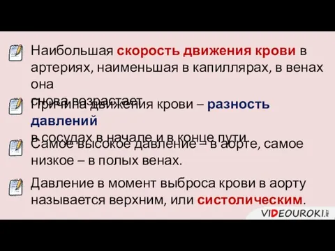 Наибольшая скорость движения крови в артериях, наименьшая в капиллярах, в венах