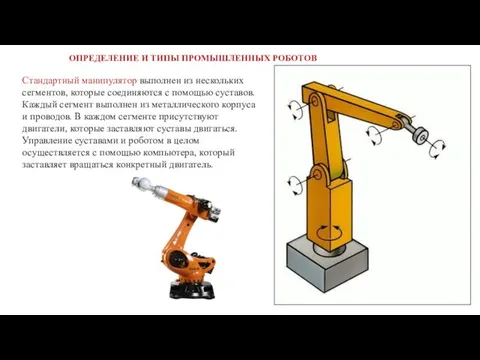 ОПРЕДЕЛЕНИЕ И ТИПЫ ПРОМЫШЛЕННЫХ РОБОТОВ Стандартный манипулятор выполнен из нескольких сегментов,