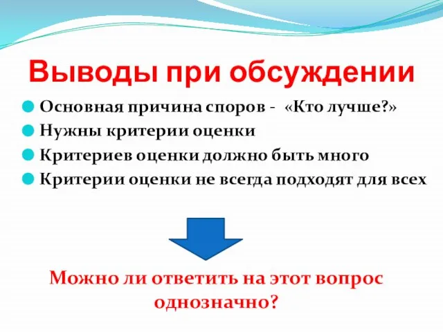 Выводы при обсуждении Основная причина споров - «Кто лучше?» Нужны критерии