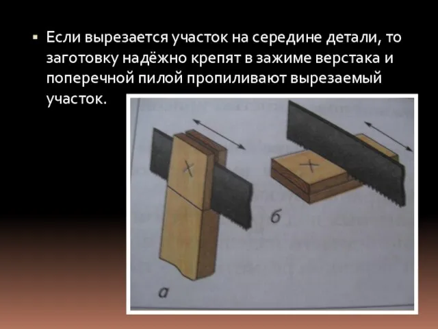 Если вырезается участок на середине детали, то заготовку надёжно крепят в