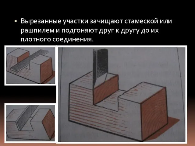 Вырезанные участки зачищают стамеской или рашпилем и подгоняют друг к другу до их плотного соединения.