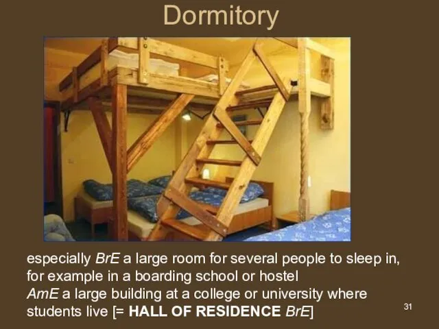 Dormitory especially BrE a large room for several people to sleep