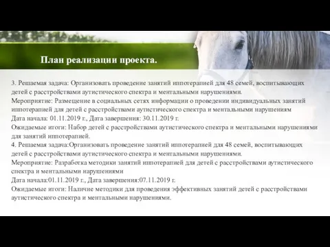 План реализации проекта. 3. Решаемая задача: Организовать проведение занятий иппотерапией для