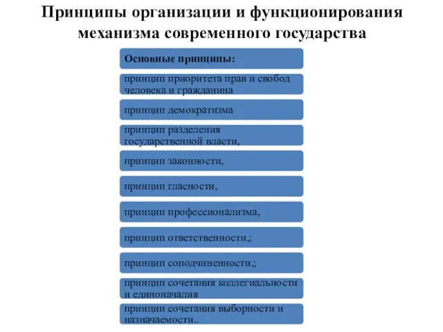 Принципы организации и функционирования механизма современного государства Основные принципы: принцип приоритета