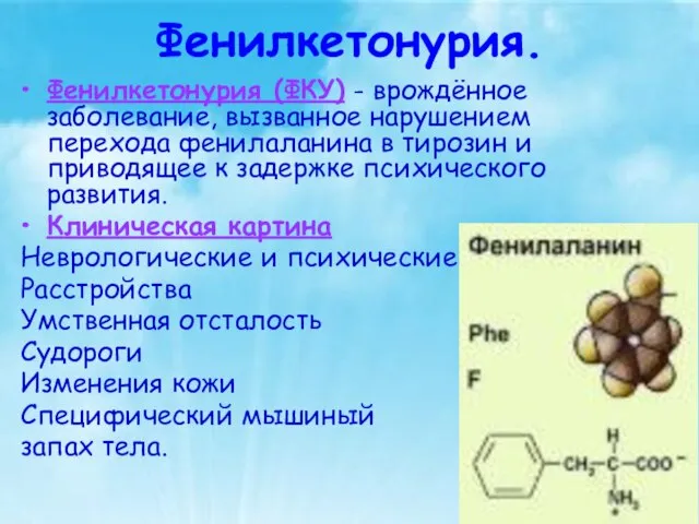 Фенилкетонурия. Фенилкетонурия (ФКУ) - врождённое заболевание, вызванное нарушением перехода фенилаланина в