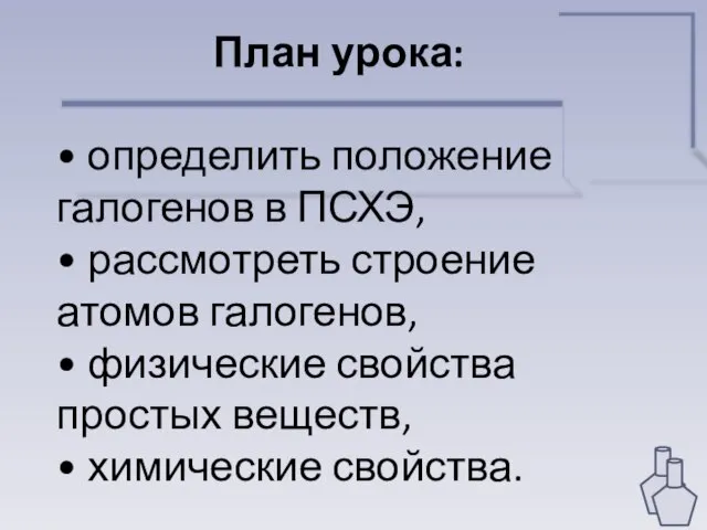 План урока: • определить положение галогенов в ПСХЭ, • рассмотреть строение