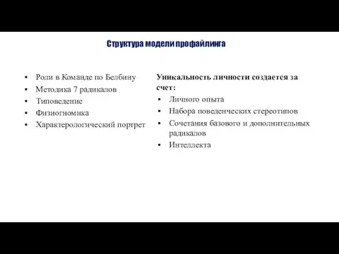 Структура модели профайлинга Роли в Команде по Белбину Методика 7 радикалов