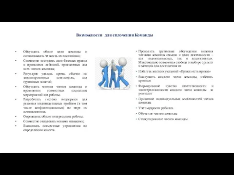 Возможности для сплочения Команды Обсуждать общие цели команды и согласовывать четкость