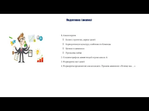 Подготовка (анализ) 1. Анализируем: Бизнес стратегию, дерево целей Корпоративную культуру, особенности