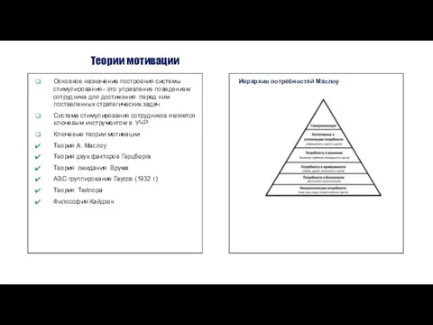 Теории мотивации Иерархия потребностей Маслоу Основное назначение построения системы стимулирования– это