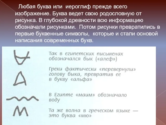 Любая буква или иероглиф прежде всего изображение. Буква ведет свою родословную