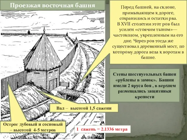 Проезжая восточная башня Острог дубовый и сосновый – высотой 4-5 метров