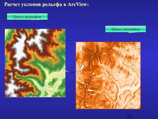 Расчет уклонов рельефа в ArcView: Грид с рельефом Грид с уклонами