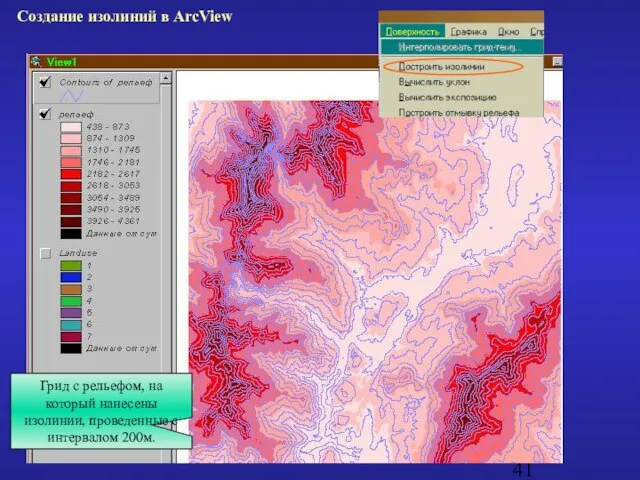 Грид с рельефом, на который нанесены изолинии, проведенные с интервалом 200м. Создание изолиний в ArcView
