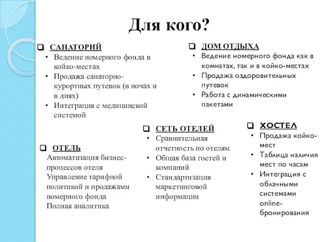 САНАТОРИЙ Ведение номерного фонда в койко-местах Продажа санаторно-курортных путевок (в ночах