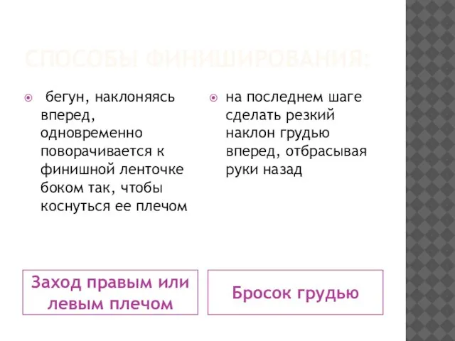 СПОСОБЫ ФИНИШИРОВАНИЯ: Заход правым или левым плечом Бросок грудью бегун, наклоняясь