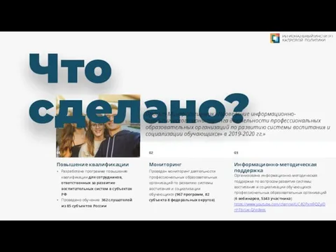 Что сделано? Повышение квалификации Разработана программа повышения квалификации для сотрудников, ответственных