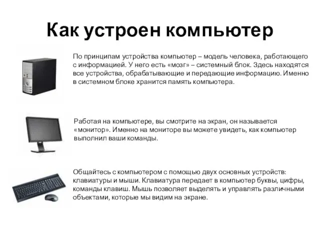 Как устроен компьютер По принципам устройства компьютер – модель человека, работающего