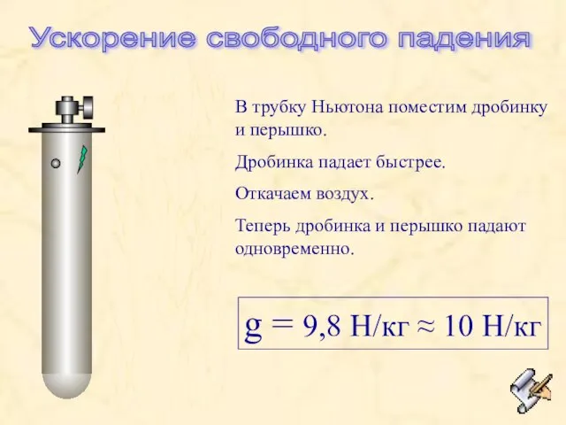 Ускорение свободного падения g = 9,8 Н/кг ≈ 10 Н/кг В