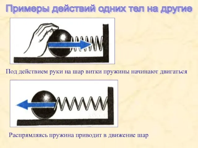 Под действием руки на шар витки пружины начинают двигаться Распрямляясь пружина