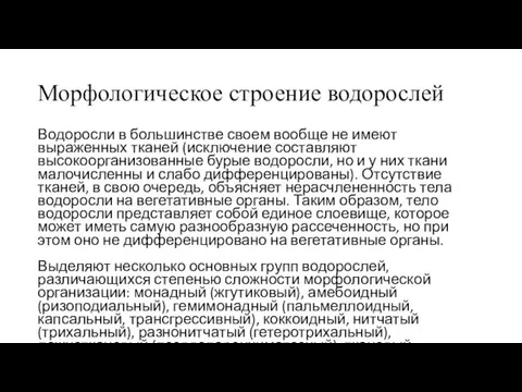 Морфологическое строение водорослей Водоросли в большинстве своем вообще не имеют выраженных