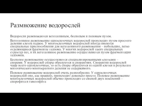 Размножение водорослей Водоросли размножаются вегетативным, бесполым и половым путем. Вегетативное размножение