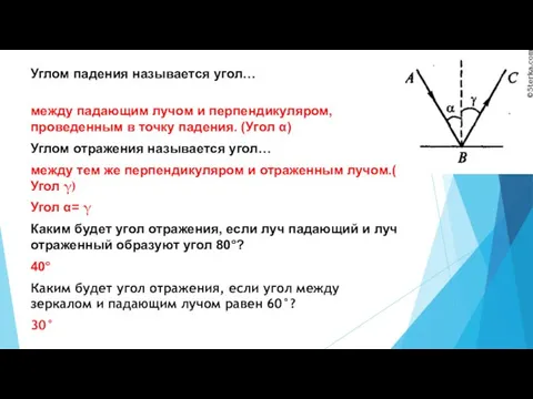 Углом падения называется угол… между падающим лучом и перпендикуляром, проведенным в