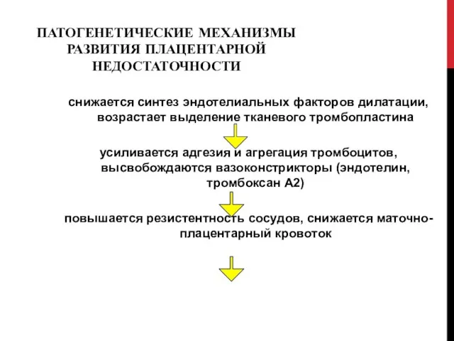 ПАТОГЕНЕТИЧЕСКИЕ МЕХАНИЗМЫ РАЗВИТИЯ ПЛАЦЕНТАРНОЙ НЕДОСТАТОЧНОСТИ снижается синтез эндотелиальных факторов дилатации, возрастает