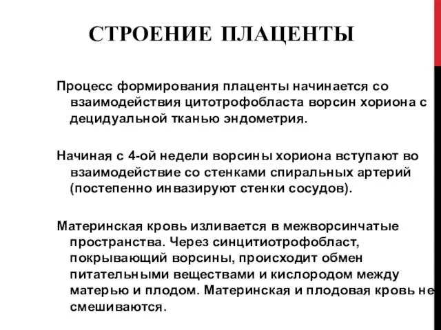 СТРОЕНИЕ ПЛАЦЕНТЫ Процесс формирования плаценты начинается со взаимодействия цитотрофобласта ворсин хориона