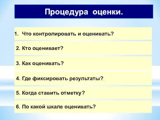 Что контролировать и оценивать? 2. Кто оценивает? 3. Как оценивать? 4.