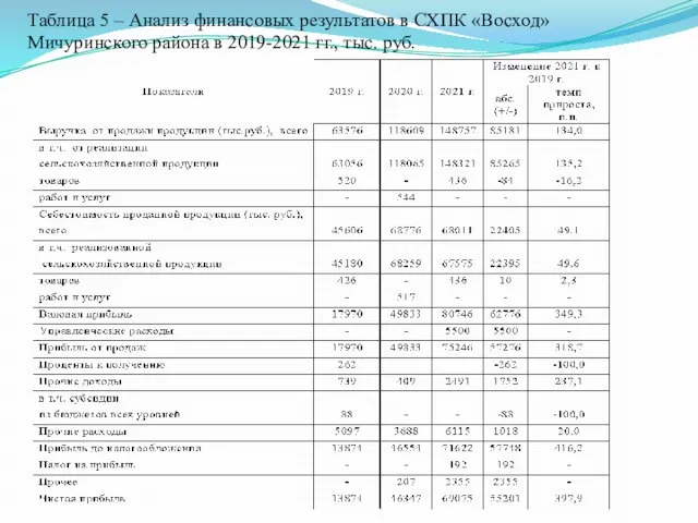 Таблица 5 – Анализ финансовых результатов в СХПК «Восход» Мичуринского района в 2019-2021 гг., тыс. руб.