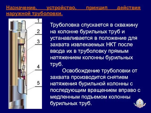 Назначение, устройство, принцип действия наружной труболовки. Труболовка спускается в скважину на