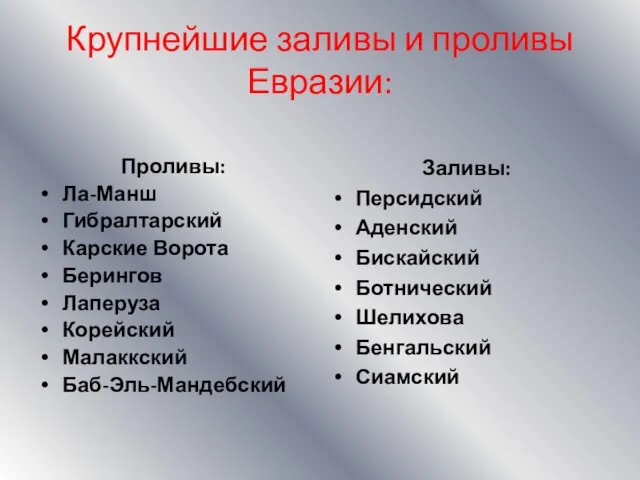 Крупнейшие заливы и проливы Евразии: Проливы: Ла-Манш Гибралтарский Карские Ворота Берингов