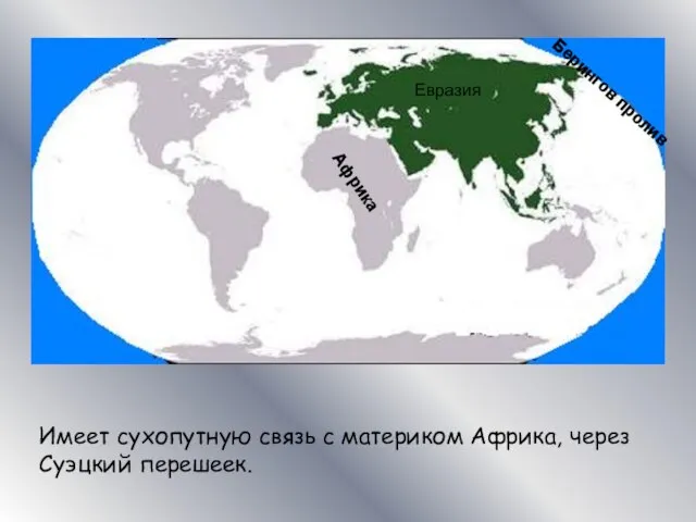 Имеет сухопутную связь с материком Африка, через Суэцкий перешеек. Африка Евразия Берингов пролив