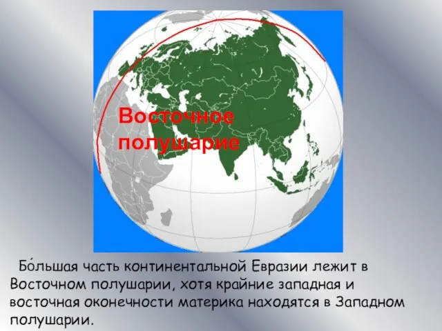 Бо́льшая часть континентальной Евразии лежит в Восточном полушарии, хотя крайние западная