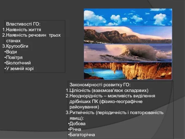 Властивості ГО: Наявність життя Наявність речовин трьох станах Кругообіги Води Повітря