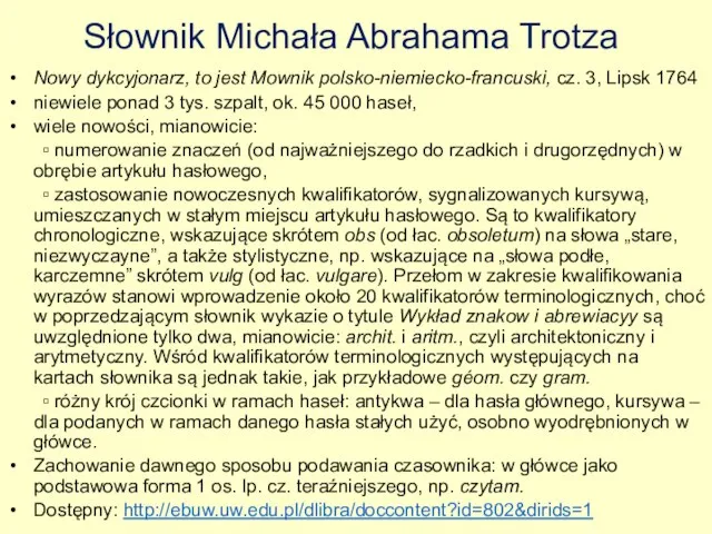 Słownik Michała Abrahama Trotza Nowy dykcyjonarz, to jest Mownik polsko-niemiecko-francuski, cz.