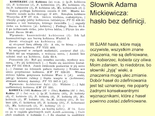 Słownik Adama Mickiewicza: hasło bez definicji. W SJAM hasła, które mają