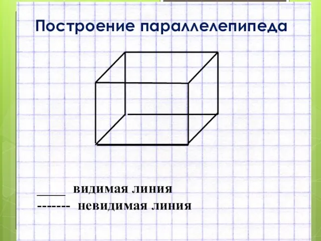 Построение параллелепипеда ____ видимая линия ------- невидимая линия